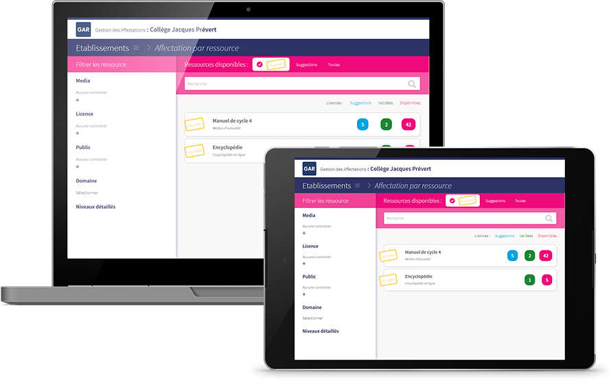 Visualisation de l'interface d'affectation des ressources sur tablette et ordinateur.