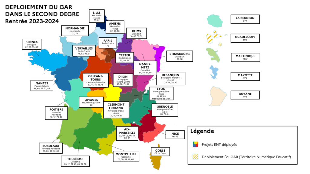 Déploiement du GAR dans le second degré pour la rentrée 2023-2024.
Sur cette carte sont représentés les projets territoriaux qui bénéficient du dispositif GAR pour l’accès aux ressources numériques dans les établissements du second degré.
Au total, 42 projets « Espace numérique de travail » et « ÉduGAR » sont connectés au GAR en septembre 2023, représentant 6 millions d’utilisateurs (élèves, enseignants, autres personnels de l’éducation nationale) dans toutes les régions académiques.