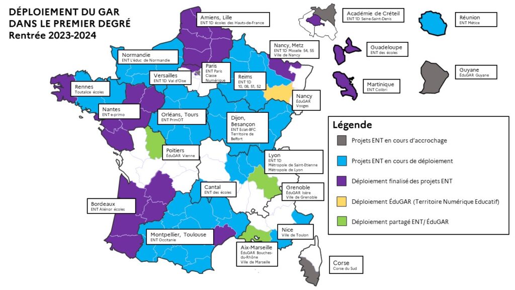 Déploiement du GAR dans le premier degré pour la rentrée 2023-2024.

Sur cette carte sont représentés les projets territoriaux qui bénéficient du dispositif GAR pour l’accès aux ressources numériques dans les écoles.

Une vingtaine de projets « Espaces numériques de travail » et « ÉduGAR » sont en cours de déploiement, notamment en Réunion et dans les régions académiques Bourgogne-Franche-Comté, Grand Est, Centre-Val de Loire, Pays de la Loire, Auvergne-Rhône-Alpes, Occitanie, Provence-Alpes-Côte d'Azur, Bretagne et Normandie.
D'autres projets de déploiement sont finalisés comme dans les Hauts-de-France, en Île-de-France, en Nouvelle-Aquitaine,  en Guadeloupe et en Martinique.